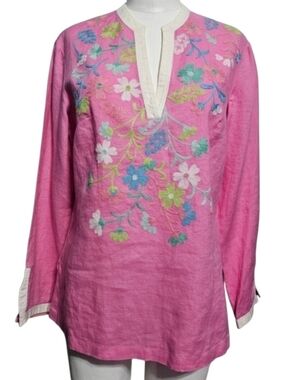 Sigrid Olsen Linen Embroidered Pink Barbiecore Tunic Sz M